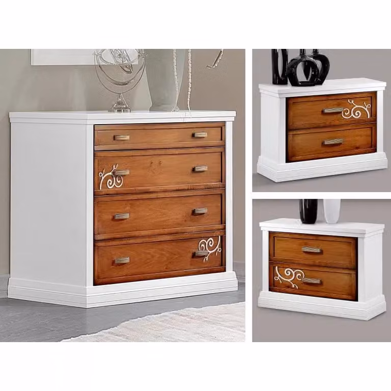 Camera completa in legno massiccio stile shabby chic bicolore bianco e noce con decorazioni a rilievo Mobili 2G