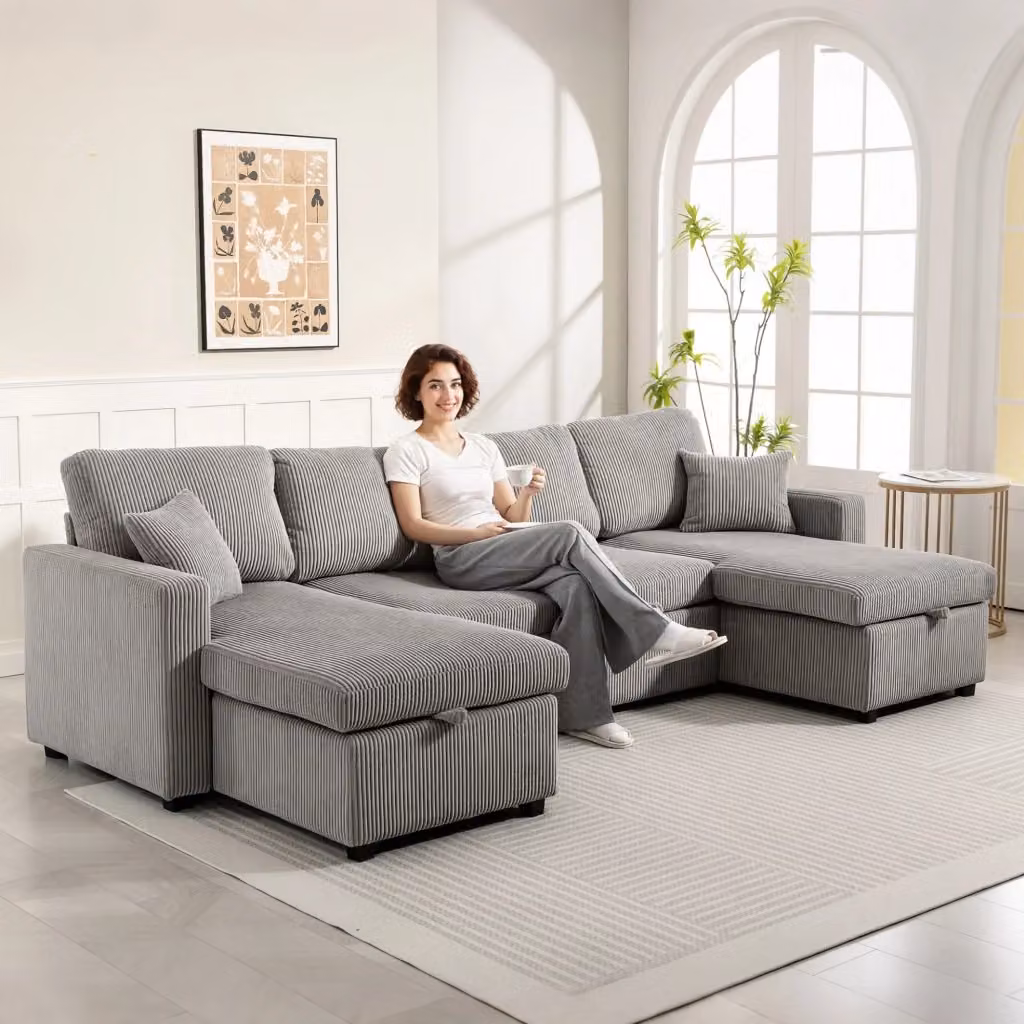 Divano Letto Moderno a U Giordanoshop in Velluto a Coste Grigio con Funzione Letto e Cuscini Inclusi L: 282 cm, P: 140 cm, H: 86 cm – 2