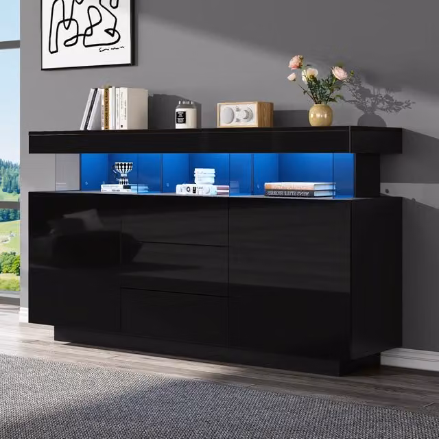 Credenza moderna nera lucida 140 cm 3 cassetti mobile soggiorno con luci led