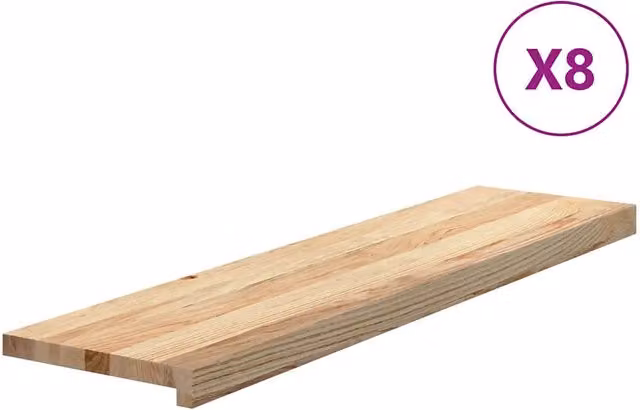 Set di 8 tappetini autoadesivi per scale in rovere massello non trattato, colore marrone, L: 100 cm, P: 25 cm, H: 2 cm