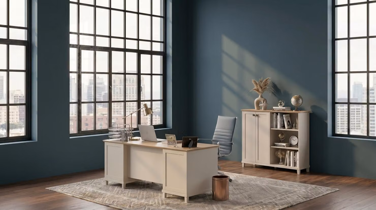 Set da ufficio beige: scrivania, armadio spazioso, ufficio
