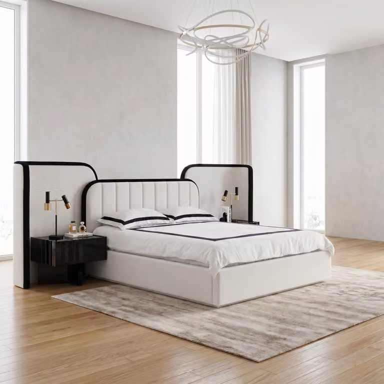 Letto imbottito moderno, bianco e nero, elegante, con comodini
