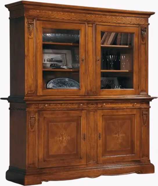 Cristalliera a 4 porte con ante in vetro e intarsi in legno Mobili 2G colore marrone L: 214 cm, P: 55 cm, H: 230 cm – 1