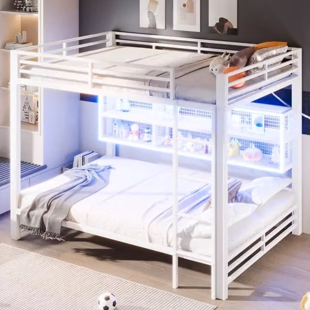 Letto a castello 140×200 cm 2 posti con 6 armadietti, LED regolabile e barriere di sicurezza, senza materasso, bianco