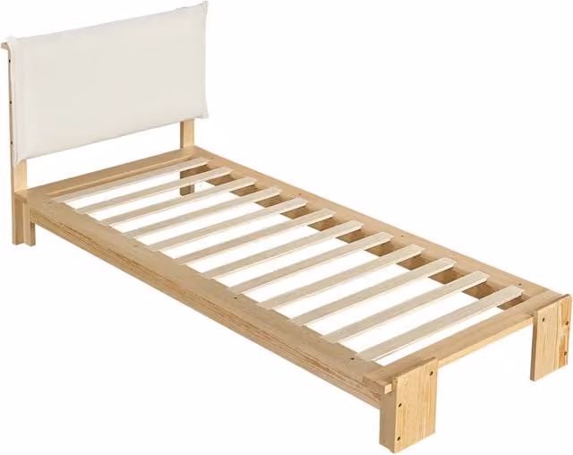 Letto singolo imbottito naturale 90x200 cm con testiera removibile e doghe robuste in legno di pino