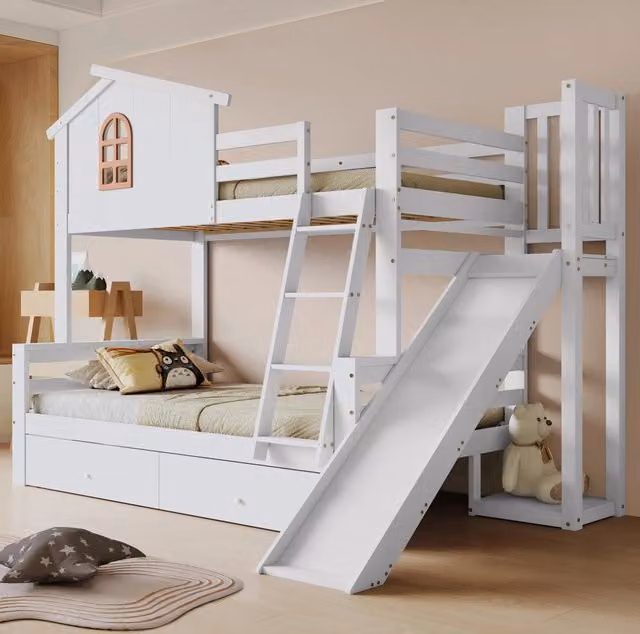 Letto a castello con scivolo e 2 cassetti 90x200 / 120x200 cm in legno massello e MDF bianco