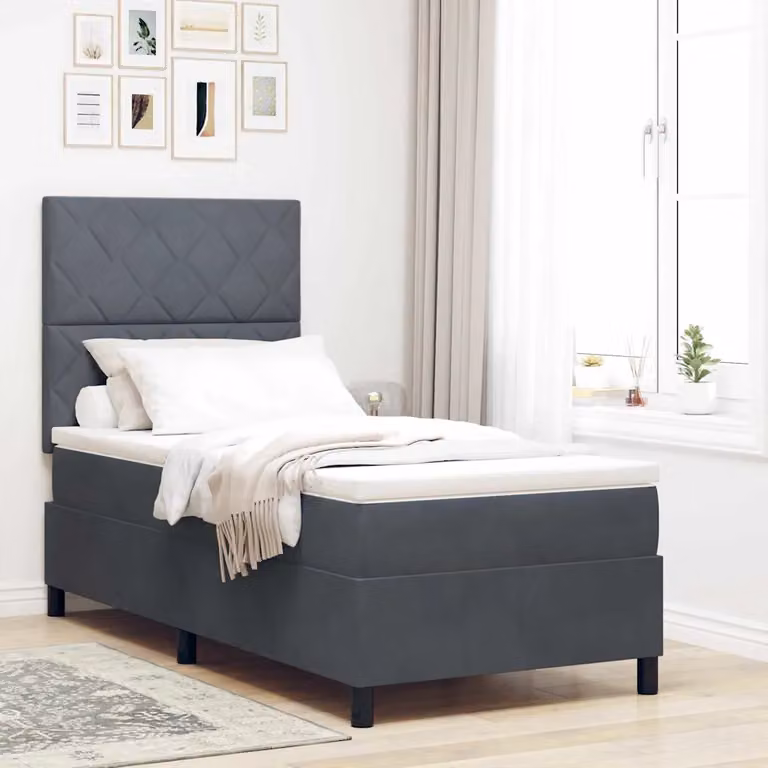 Letto a molle con testiera vidaXL in velluto grigio, L/P/H: 90 x 190 cm