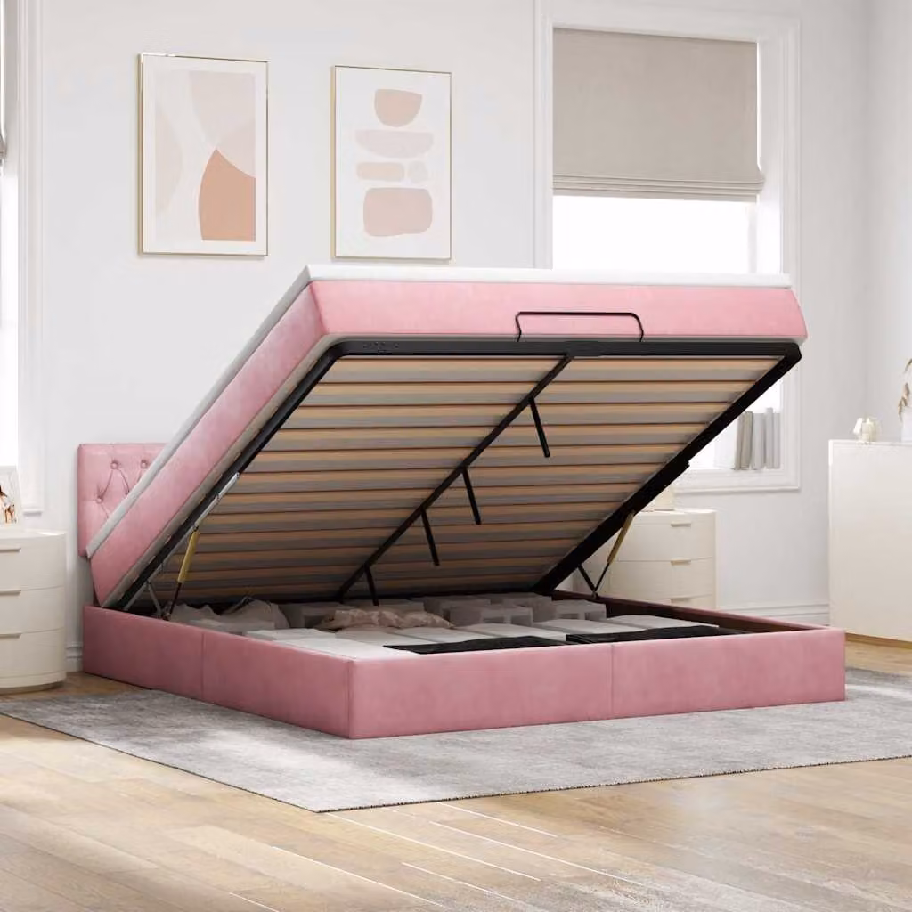 Letto con contenitore a sollevamento e materasso vidaXL in velluto rosa, dotato di luci sotto il letto e porte USB, L: 200 cm, P: 160 cm, H: 28 cm – 1