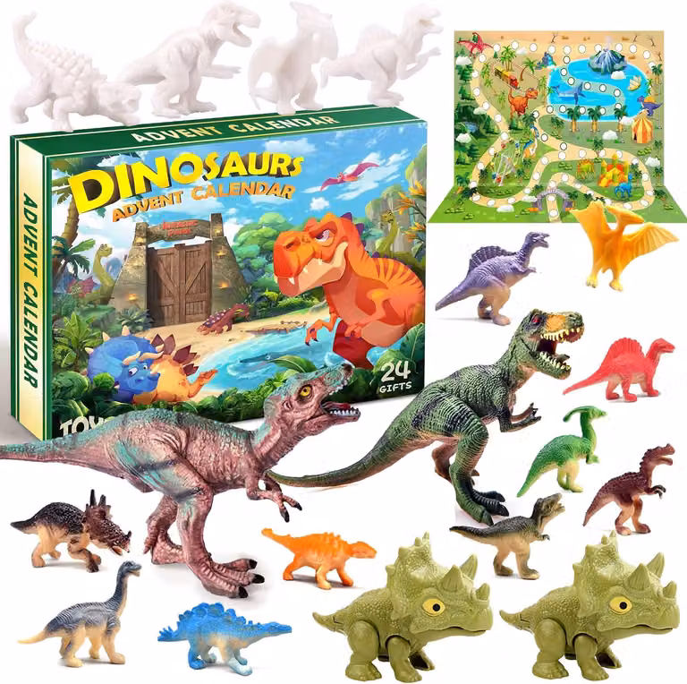 Calendario dell'Avvento a tema dinosauri, 24 giorni, colorato, ideale per il periodo natalizio