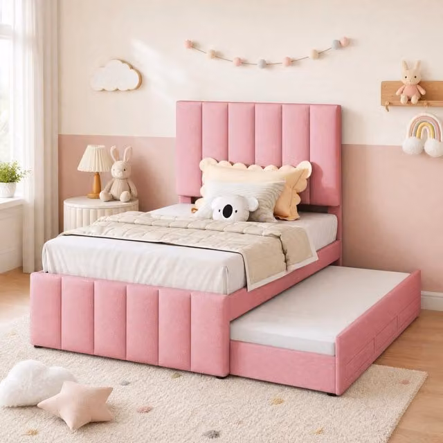 Letto imbottito con letto estraibile e 3 cassetti; 90x200 cm; rosa