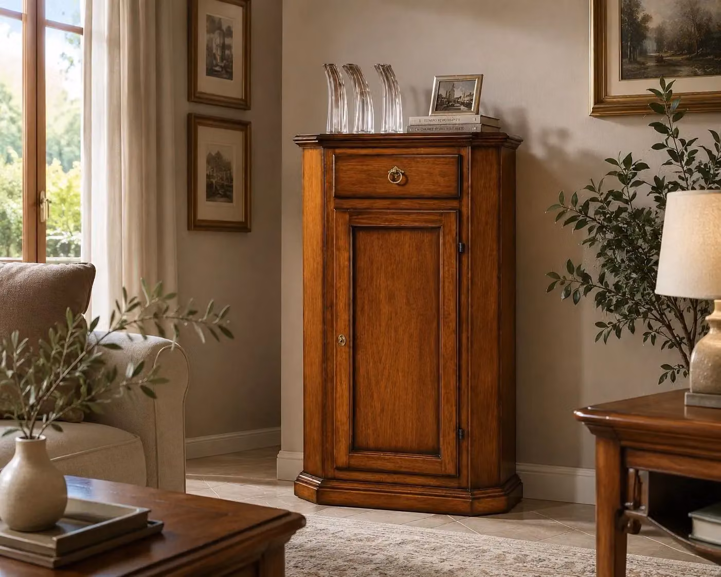 Mobile ad angolo con 1 anta in legno Bassano di Mobili 2G, colore noce, L/P/H: 54 x 54 x 130 cm