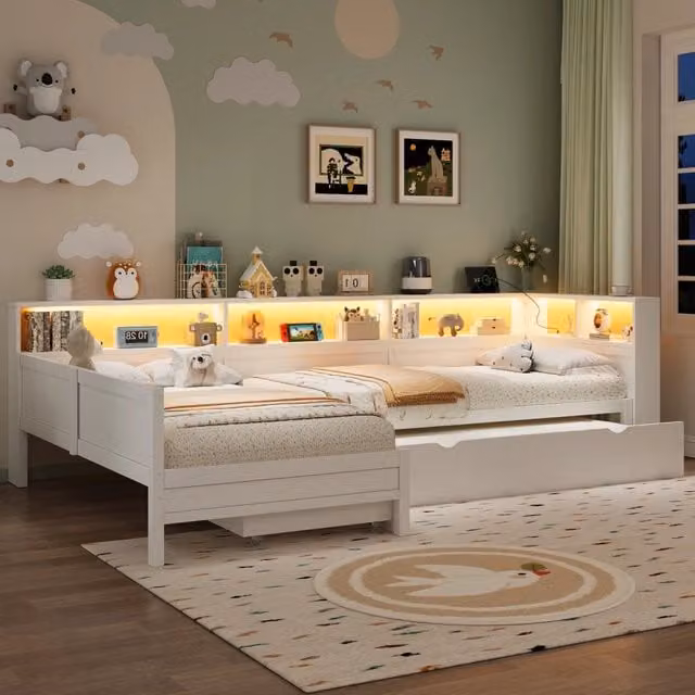 Letto a piattaforma bianco 90x200 cm a forma di L salvaspazio con letto estraibile e contenitori