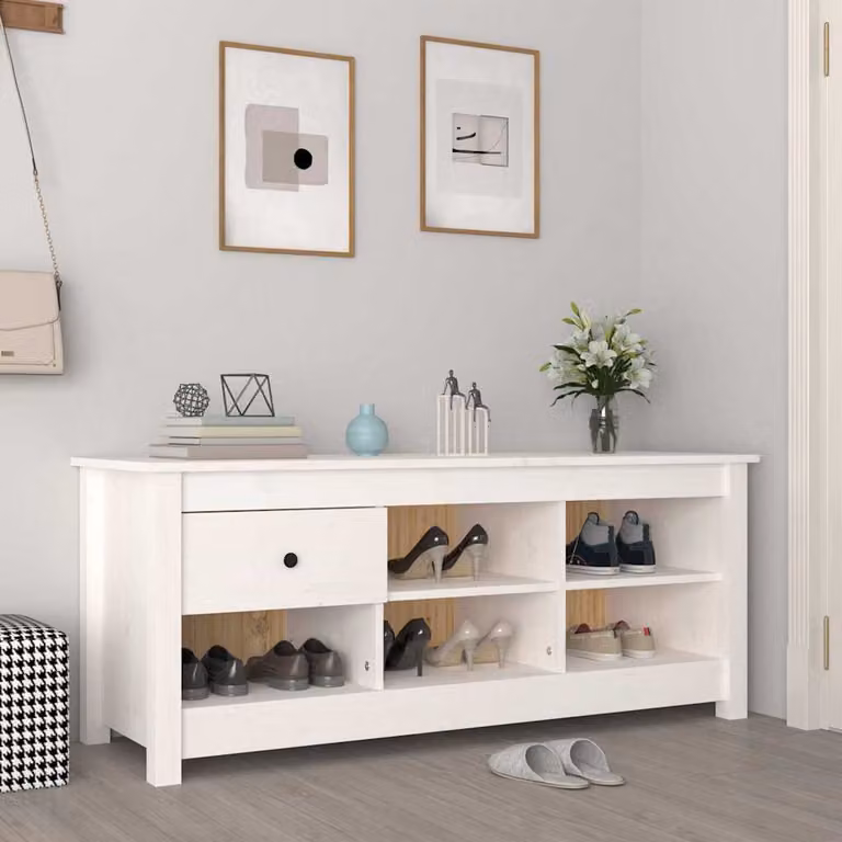 Scarpiera bianca vidaXL in legno massello di pino con ante e ripiani L: 110 cm, P: 38 cm, H: 45,5 cm
