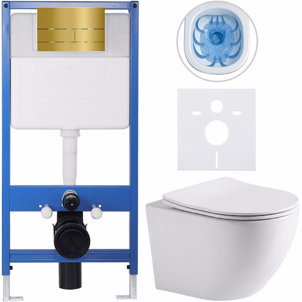 CERANO - Set completo per WC da incasso Lite/Verde - bianco lucido - pulsante per WC Line, dorato - installazione a parete - 49x36 cm