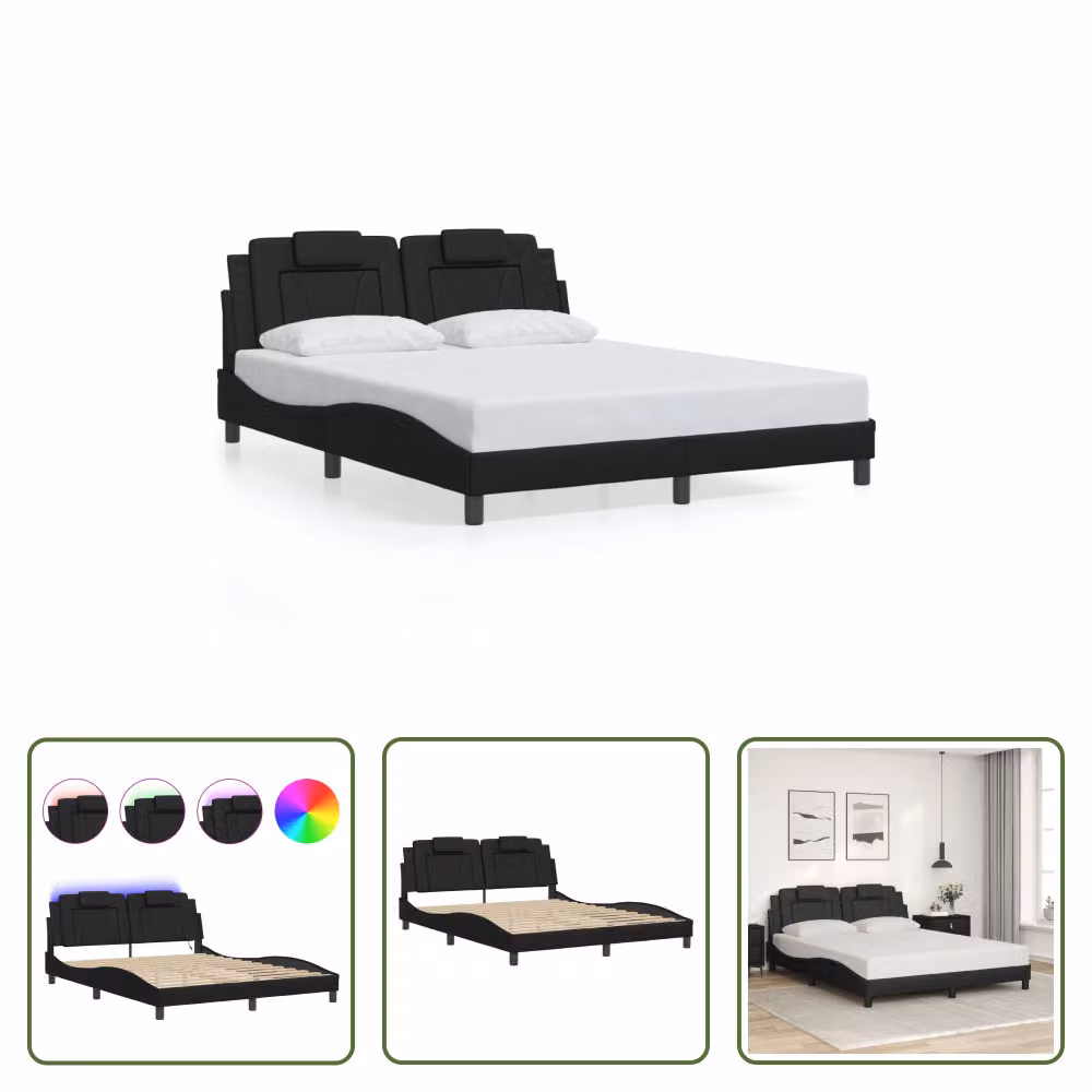 The Living Store Struttura letto con LED nero 160x200 cm in ecopelle