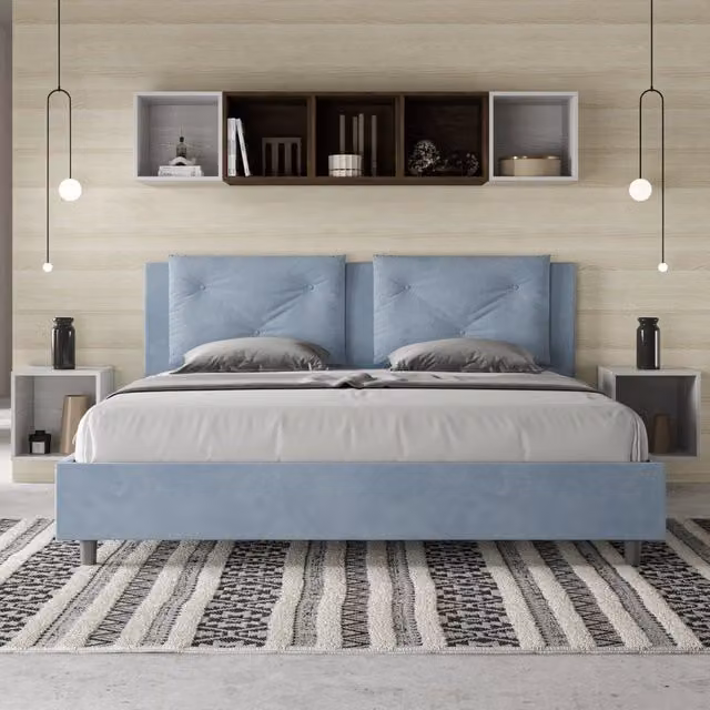 Letto matrimoniale king size con contenitore Appia Ityhome imbottito in microfibra azzurro L/P: 170 x 200 cm