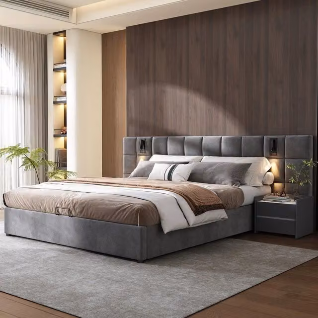 Letto Contenitore Imbottito con LED e USB ¨C Xylo ¨C Velluto Grigio 180x200