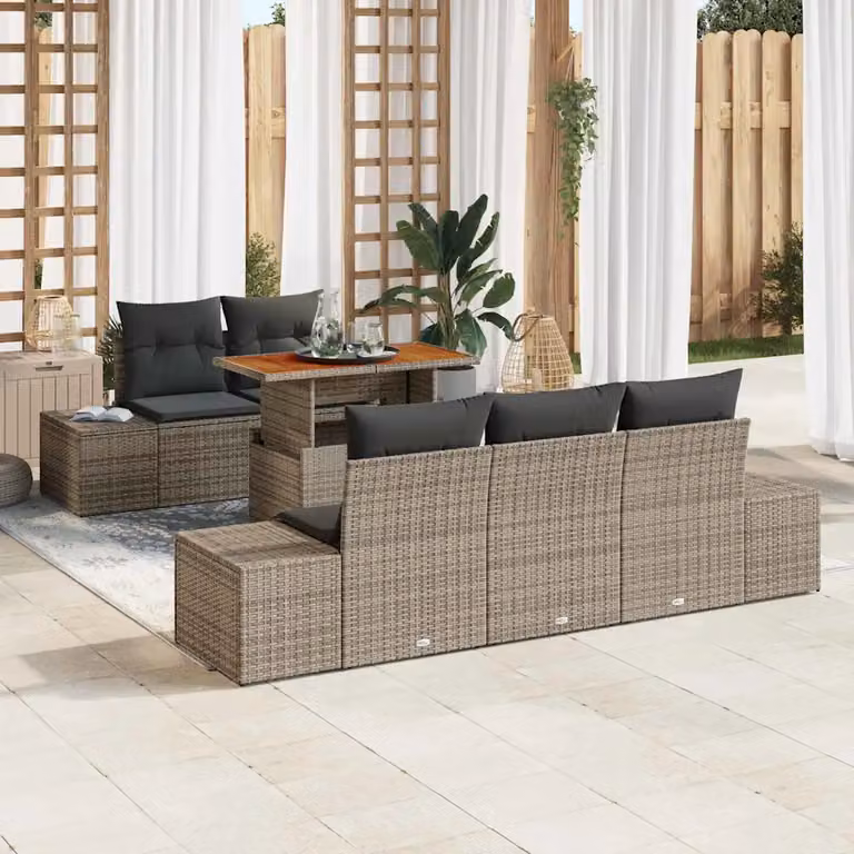 Set da pranzo da giardino vidaXL in rattan e legno di acacia con piano ribaltabile, Grigio e Marrone