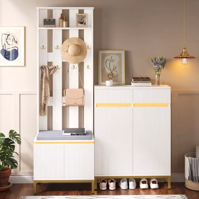 Mobili da ingresso moderni con scarpiera panca appendiabiti ganci ripiano e LED in MDF bianco con frontali scanalati