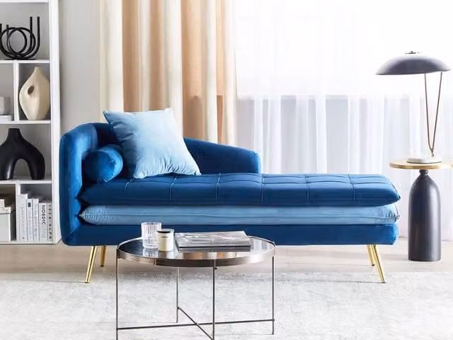 Chaise longue BELIANI in velluto blu con versione sinistra, design moderno imbottito per soggiorno, L: 160 cm, P: 79 cm, H: 72 cm – 1