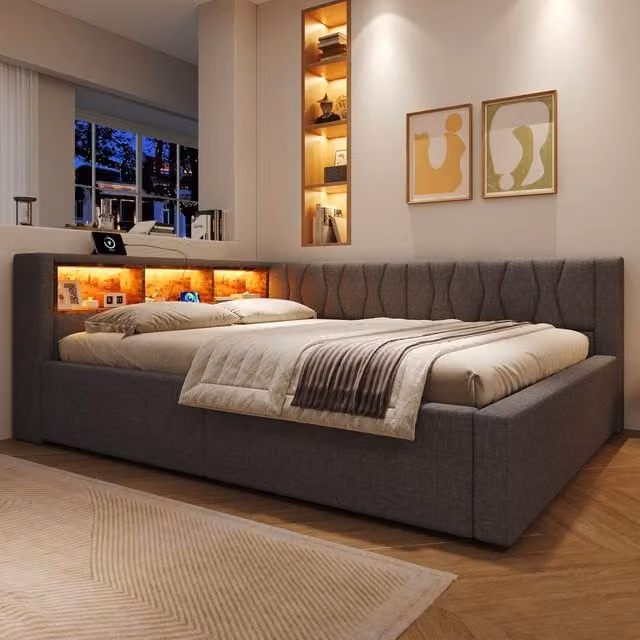 Divano letto contenitore imbottito 140 x 200 cm, daybed con contenitore idraulico, ripiano, LED regolabile e porta USB, grigio