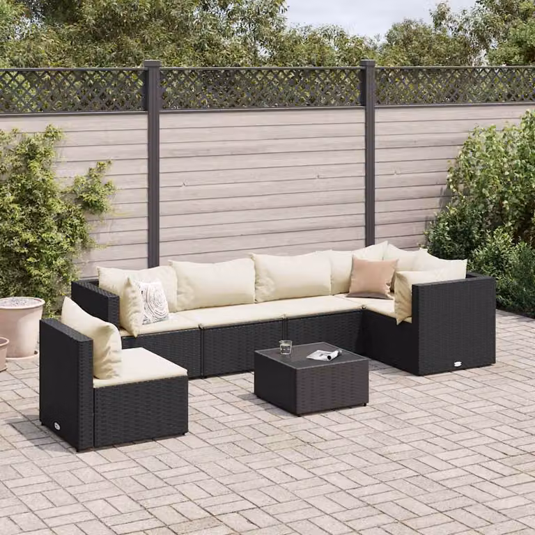 Set Salotto da Giardino a L vidaXL con 7 Cuscini, Tavolino e Struttura in Metallo Nero e Bianco