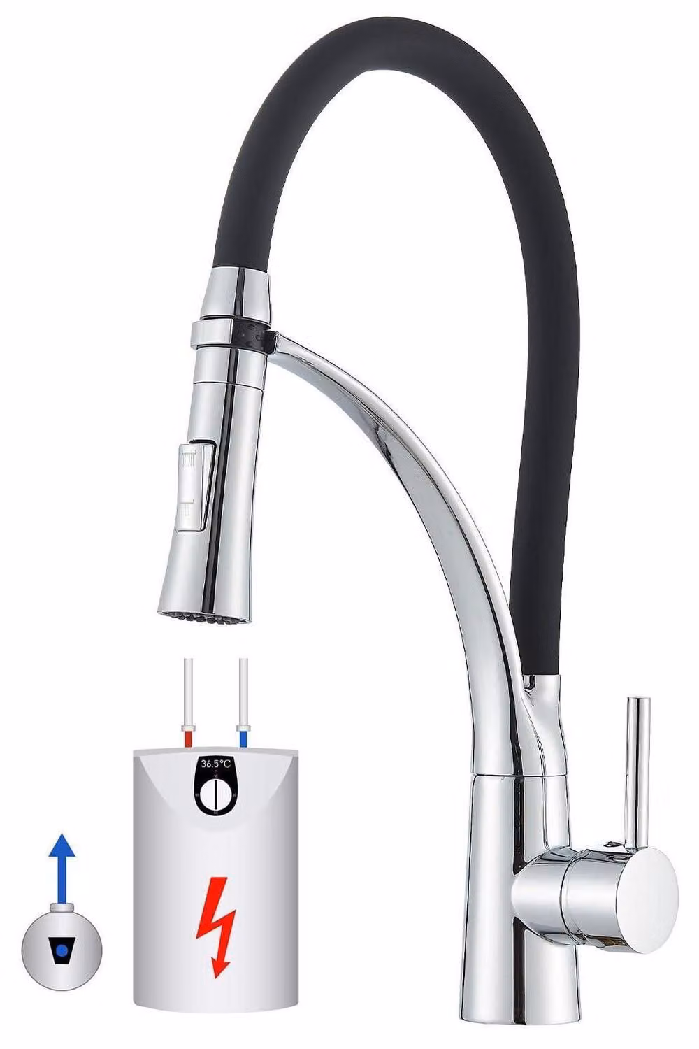 Rubinetto per lavello a bassa pressione, cucina, cromato, flessibile a 360° con 2 modalità