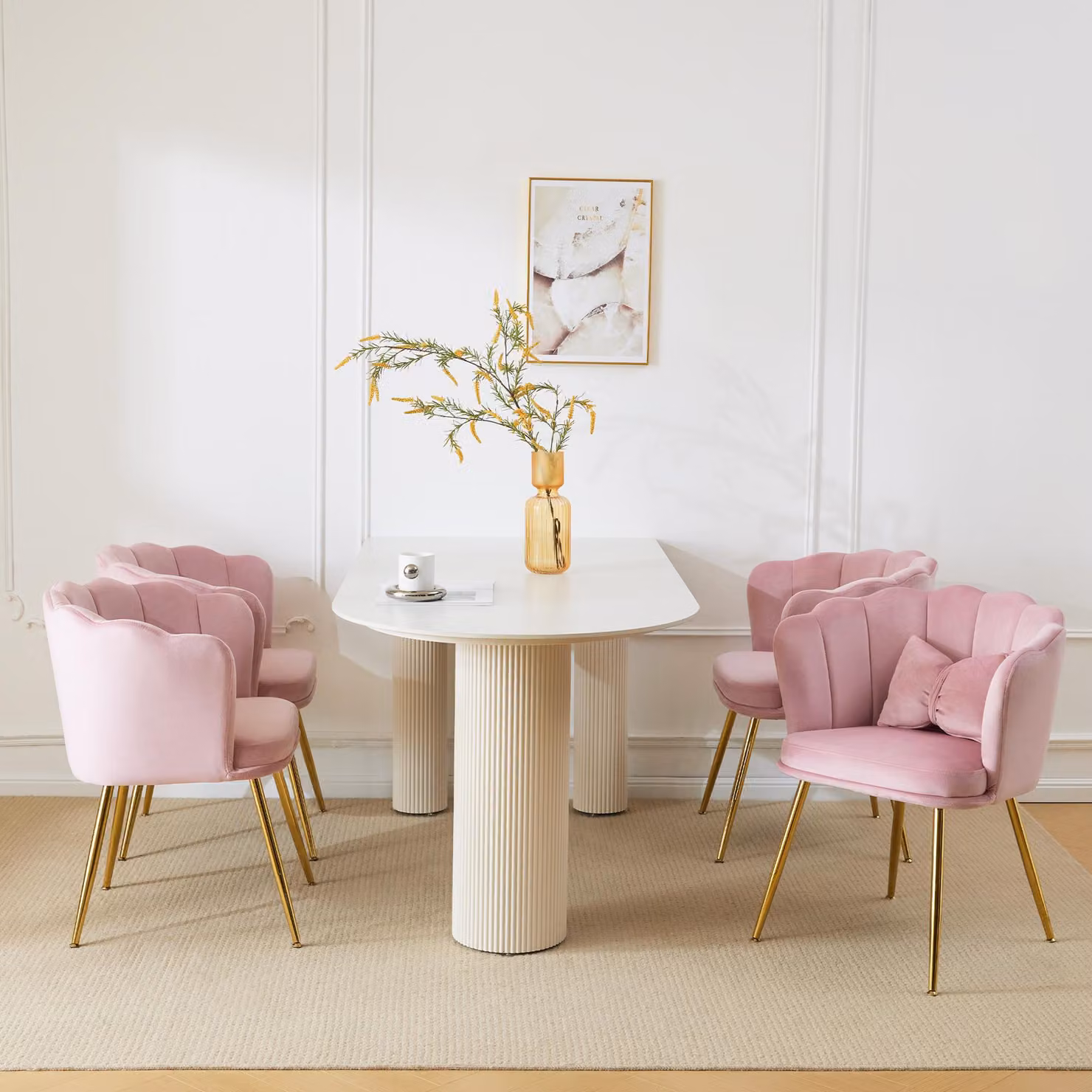 Sedia imbottita MERAX con cuscini decorativi a fiocco (4 pezzi), sedia da sala da pranzo sedia da soggiorno in velluto con schienale a petali e gambe in metallo dorato