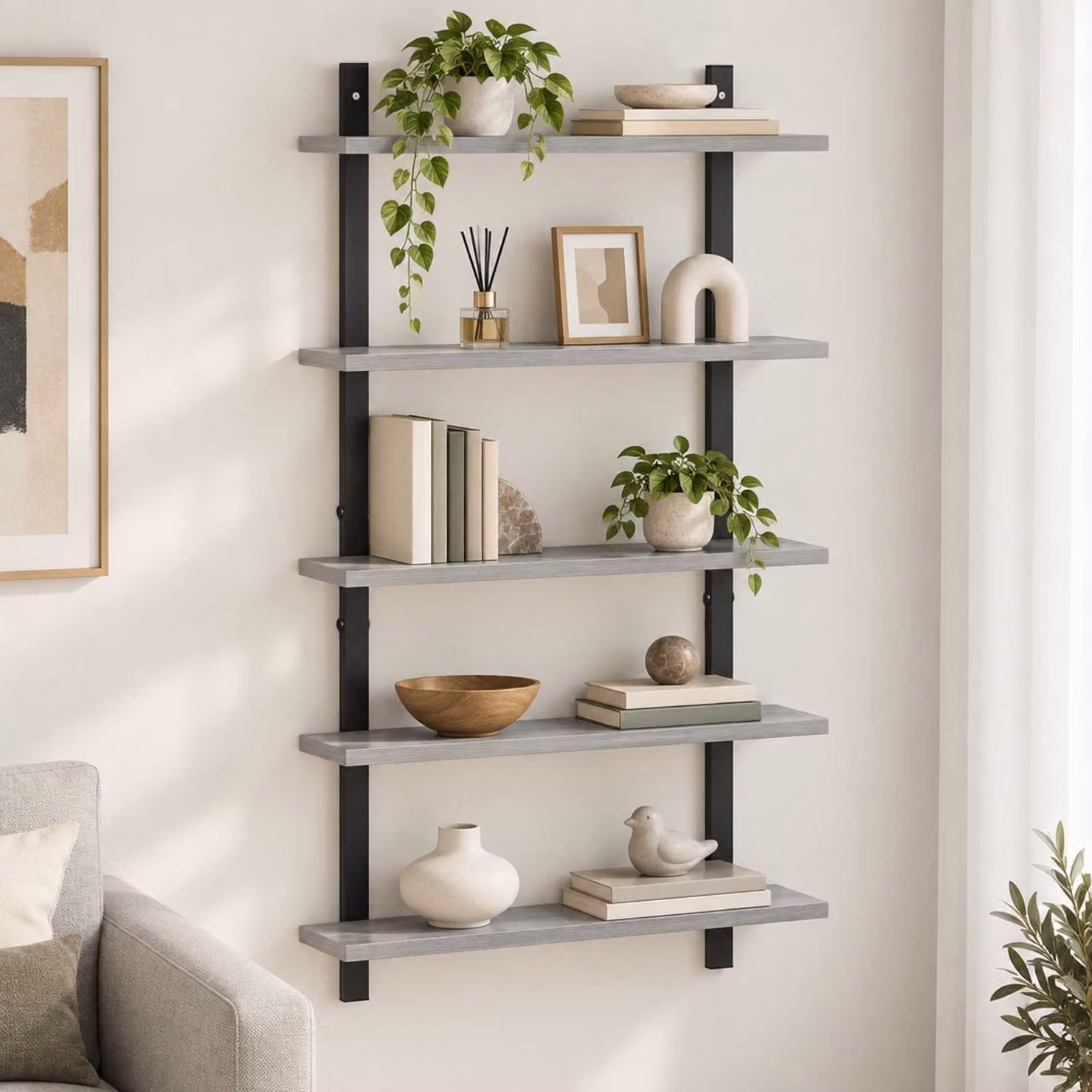 Scaffale da parete moderno vidaXL in legno e MDF grigio L: 60.5 cm, P: 13.5 cm, H: 102.5 cm