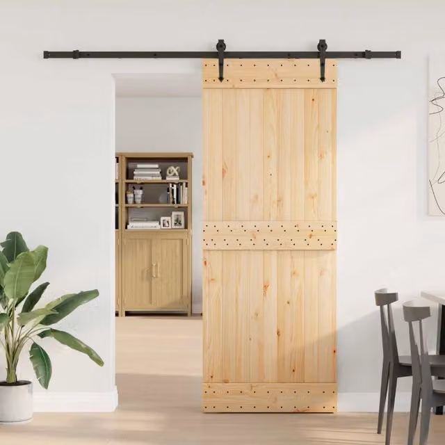 Porta scorrevole moderna vidaXL NARVIK in legno e acciaio, colore Naturale e Nero, L: 80 cm, H: 210 cm (Altezza totale: 213,5 cm)