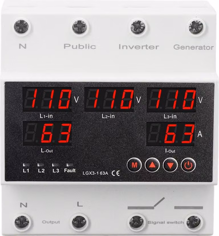 interruttore di trasferimento automatico a 3 fasi e 4 fili 63A Protettore di tensione del commutatore con display a LED Generatore e inverter AC110V