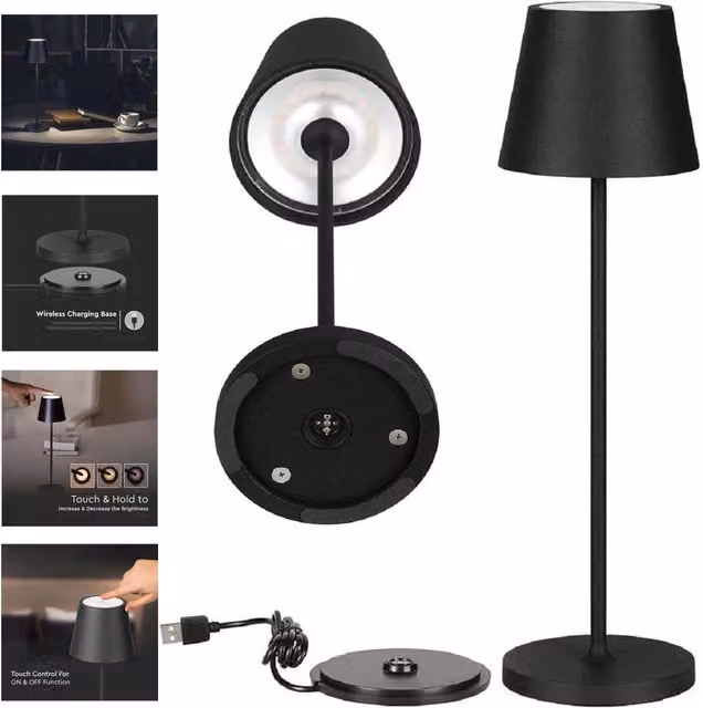Lampada da Tavolo LED Trade Shop Nera Dimmerabile Touch Wireless con Luce Bianca Calda 3000K in Alluminio