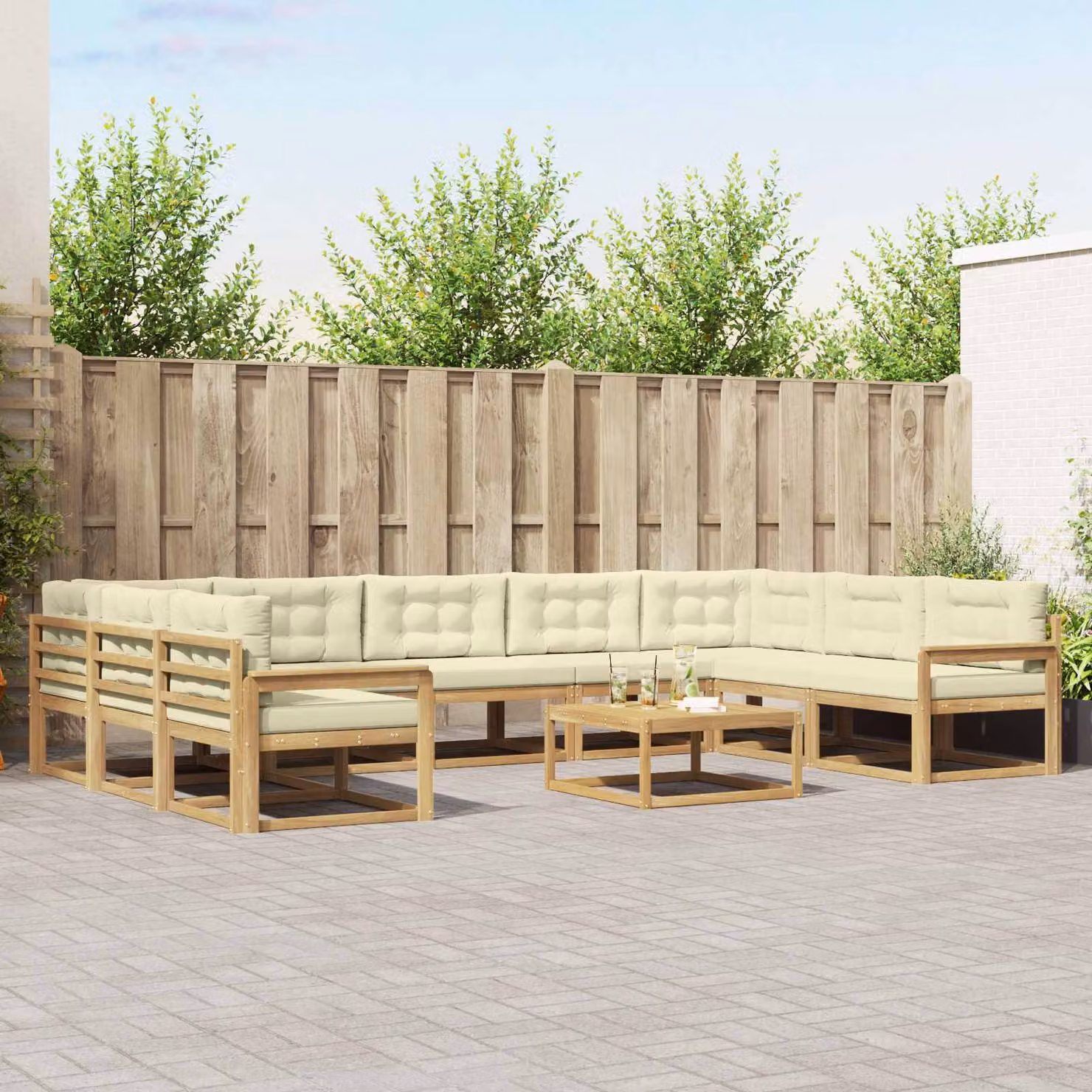 Set di divani da esterno vidaXL 10 pezzi in legno di acacia con tavolo da caffè e cuscini, Bianco e Beige