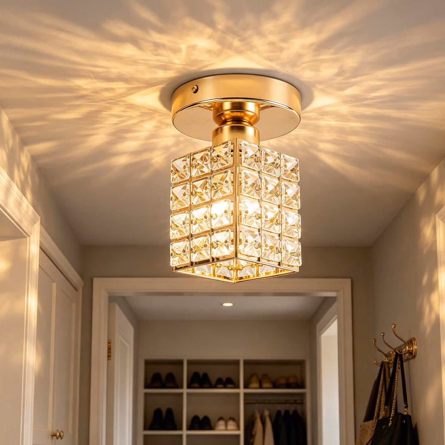 Lampada a soffitto mini, dorata, con vetro K9, dimensioni 18x13 cm, compatibile con lampadine E27