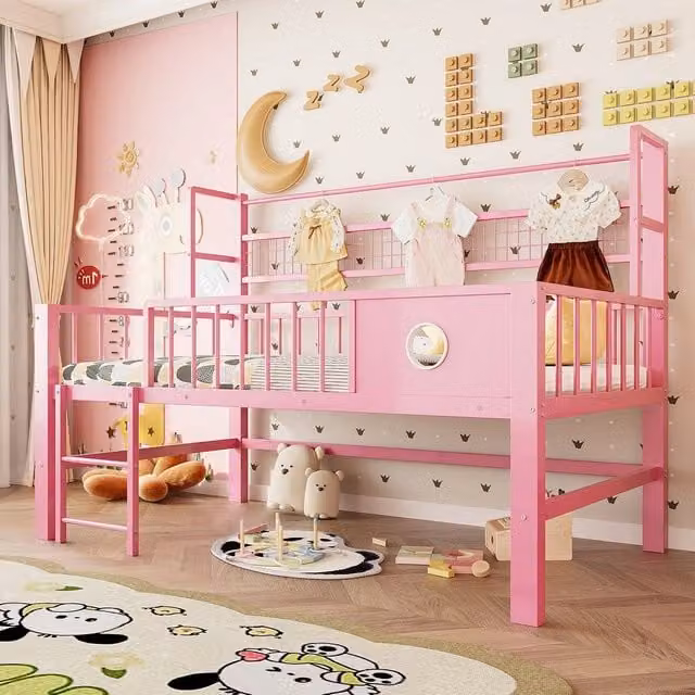 Letto a castello per bambini Zephmum con telaio in metallo e scaffali laterali, rosa, L/P/H: 200 x 90 x 125,5 cm