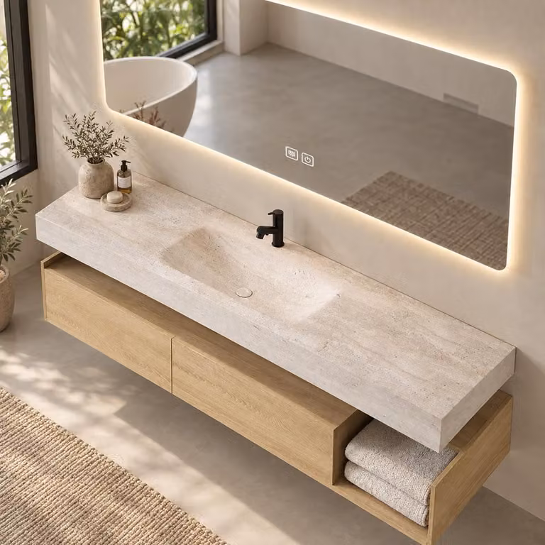 Set di mobili da bagno sospesi con lavabo, piano in pietra sinterizzata, specchio con illuminazione a LED, cassettiera e gruppo di scarico, 100 × 55 cm【RWR208-100】
