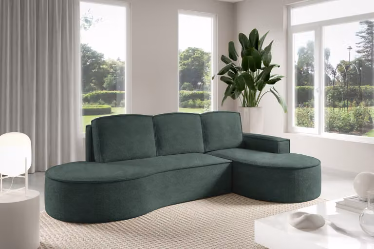 Divano angolare GUTTO MOLLY con forme arrotondate, rivestito in tessuto teddy color crema beige-verde: un design moderno e accattivante! Novità 2025 (con funzione letto)