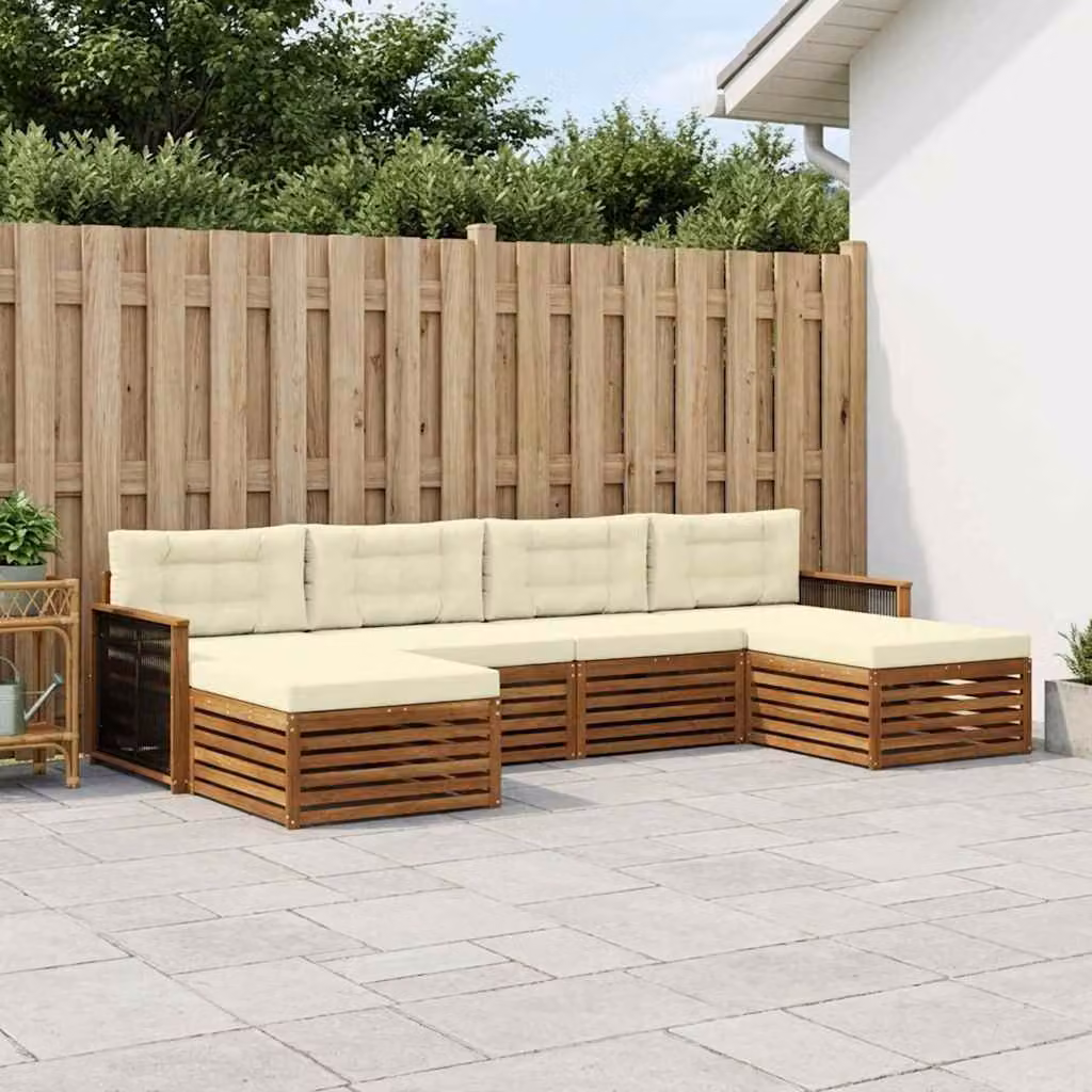 Set di divani da esterno a L vidaXL in legno di acacia massello marrone con cuscini beige, 6 pezzi