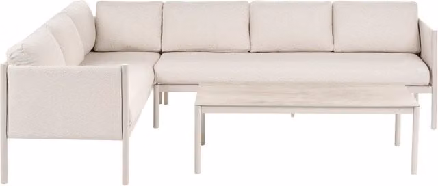 Set da salotto da esterno Beliani con divano ad angolo a destra e tavolino, 5 posti, struttura in alluminio verniciato a polvere e piano in vetro, colore beige