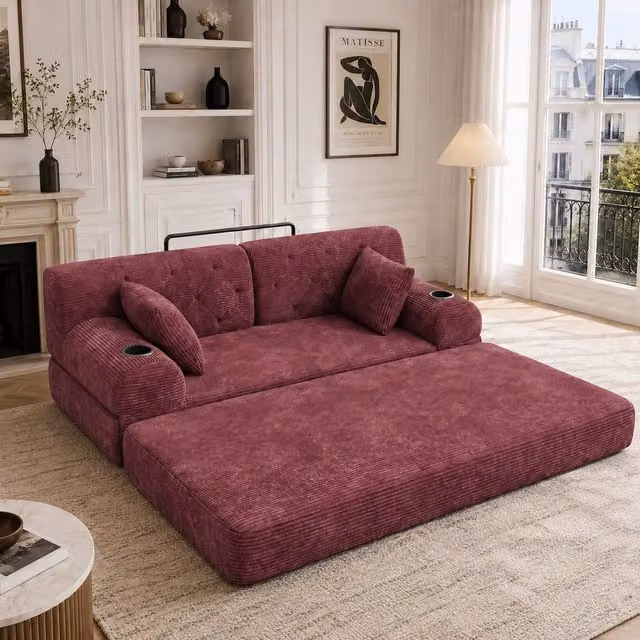 Divano letto 2 posti ¨C Minimal ¨C Rosso tessuto struttura metallo con tasche laterali