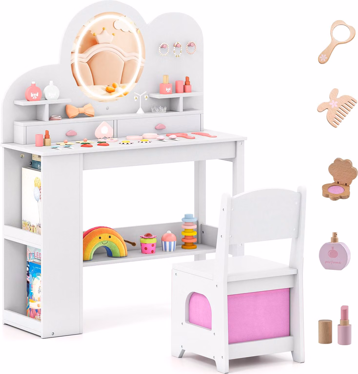 COSTWAY Tavolo da toilette per bambini, tavolo da toilette principessa in legno, 3 specchi LED colorati, 2 cassetti, libreria, ganci e accessori, per bambine 3+ Bianco