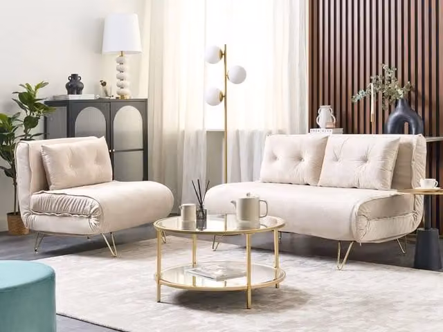 Set di 2 divani letto Beliani in velluto beige con cuscini e gambe in metallo oro per soggiorno stile glamour – 1