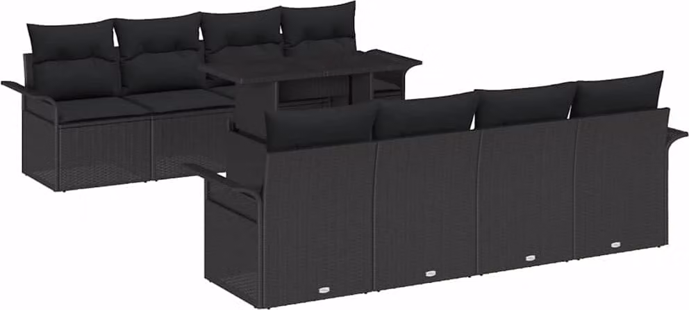 Set Divano da Giardino con cuscino 9 pcs Nero polyrattan