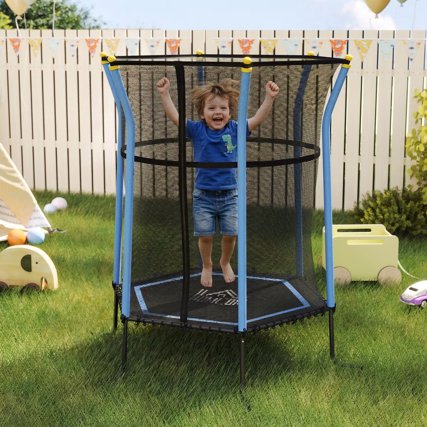 Mini Trampolino Elastico per Bambini HOMCOM con Rete di Sicurezza e Pali Imbottiti, Azzurro, Ø 163,5 x 190 cm – 2