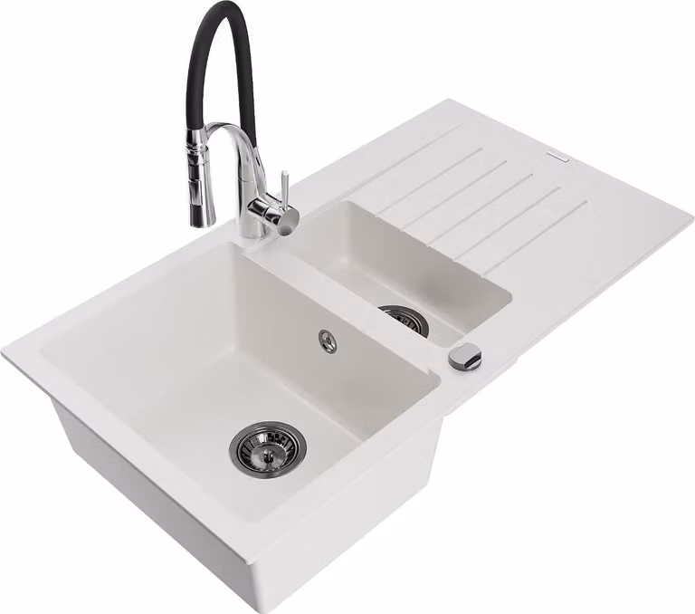 Mexen Matias lavello in granito 1,5 vasche con gocciolatoio e rubinetto da cucina Aster, bianco - 6502-20-73450-07-B