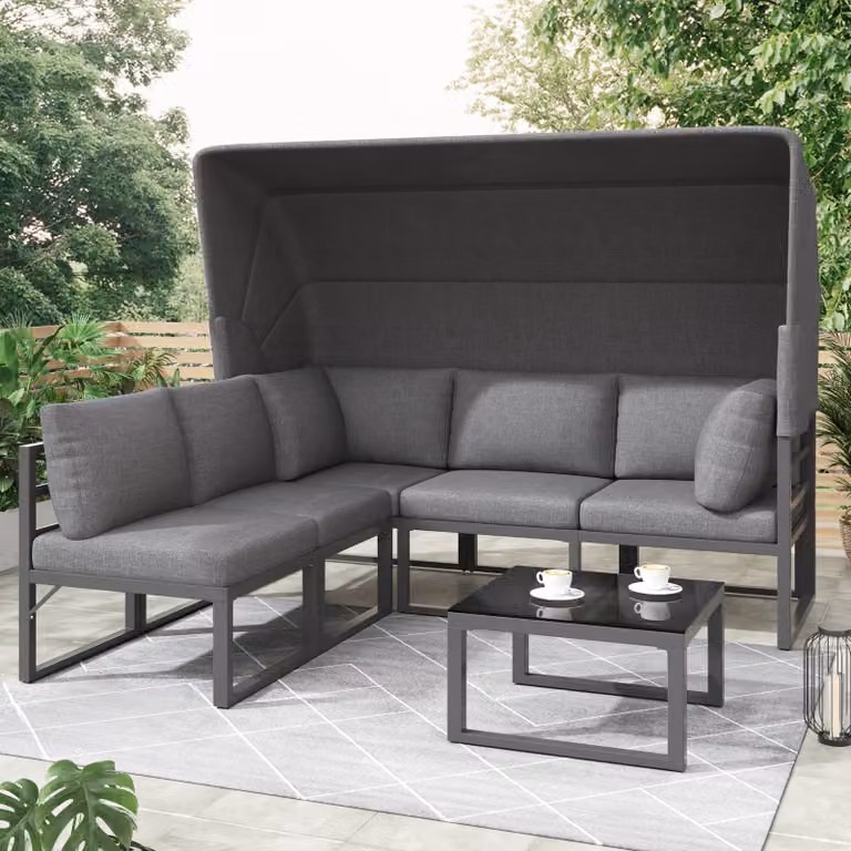 Set salotto da giardino Merax per 5 persone con struttura in ferro, set di mobili da giardino a 4 pezzi con tettuccio pieghevole, set salotto isola solare con tavolo