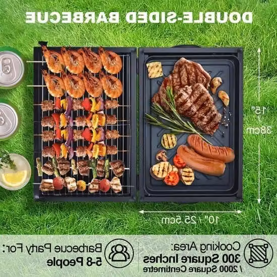 Griglia a carbone doppia faccia con griglia e padella per esterno - tavolo barbecue portatile per giardino terrazza barbecue campeggio - nero
