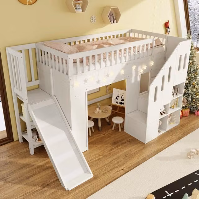 Letto a soppalco per bambini 90×200 cm con scivolo, scala contenitore e luce LED regolabile, senza materasso, bianco