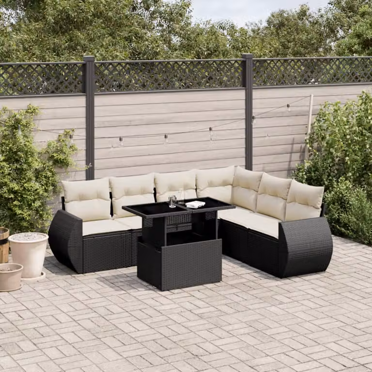 Set di Divani da Giardino a L vidaXL in Polyrattan Nero con 7 Cuscini e Tavolino da Esterno
