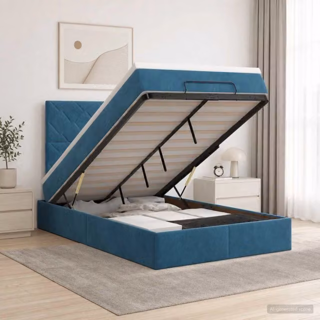 Letto ottomano moderno vidaXL in velluto blu e bianco con base a sollevamento e materasso a molle L/P/H: 128 x 120 x 203 cm